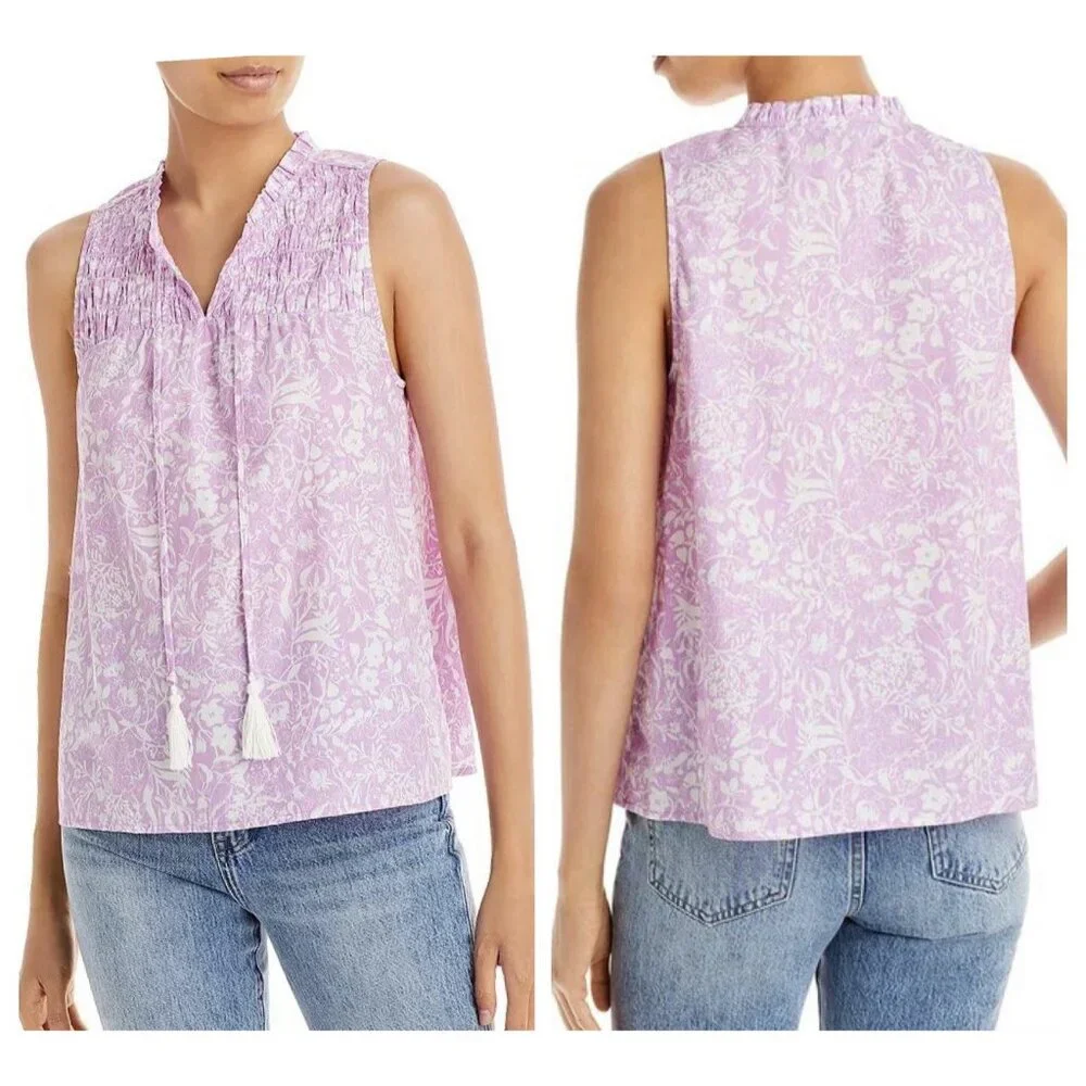 Aqua Women’s Top Small Size Floral Print Tassel Tie 100% Cotton Purple White - Picture 1 of 9